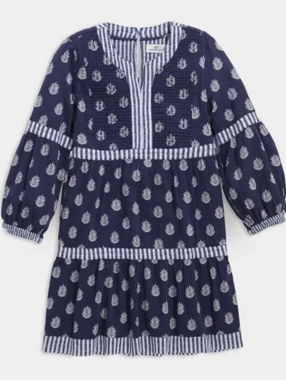 Vineyard Vines Navy Printed Tiered Dress with White Stripe Trim